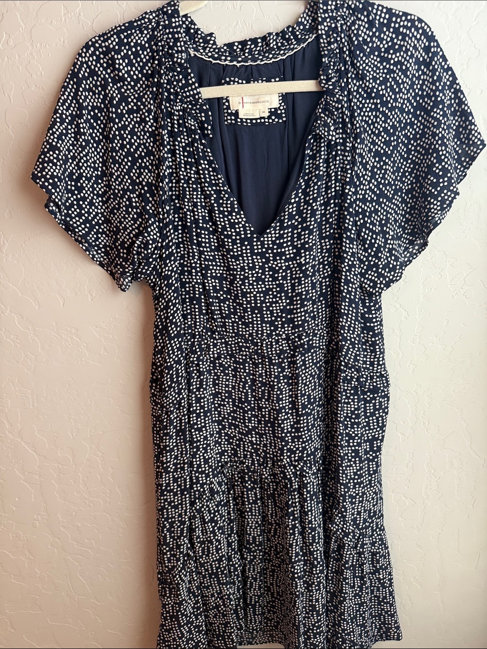 Anthropologie Robin Tiered Mini Dress in Navy / White Polka Dot Print